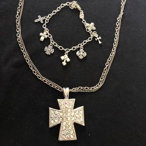Sparkly silver cross necklace and cross bracelet